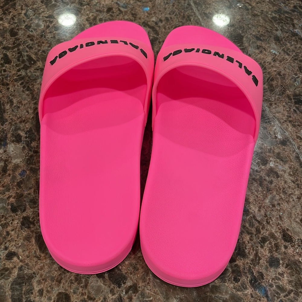 Balenciaga rubber pvc pool slides neon pink logo flats sandals sz 42 - Picture 6 of 10